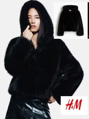 H & M Black Faux Fur hooded jacket, XL  GP1492